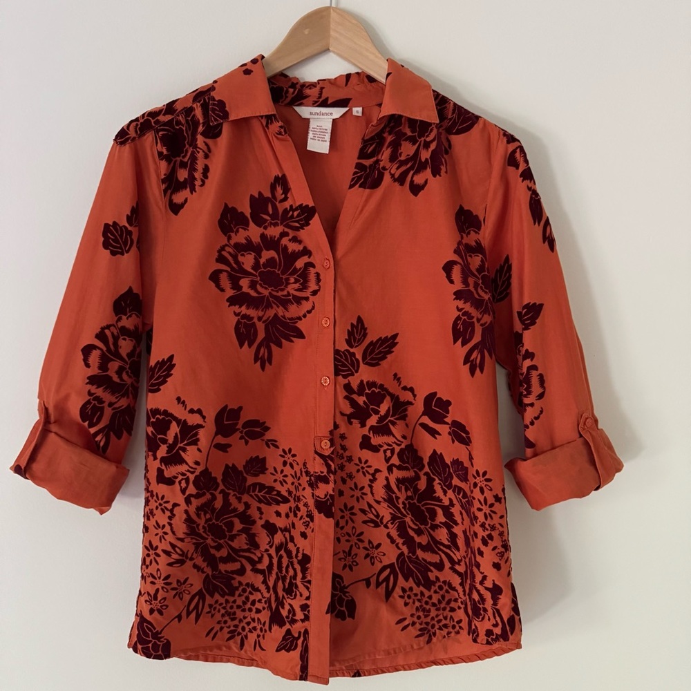 Sundance Velvet Vignette Long Sleeve Button Shirt, Orange w/Burgundy Floral, S - Picture 2 of 13